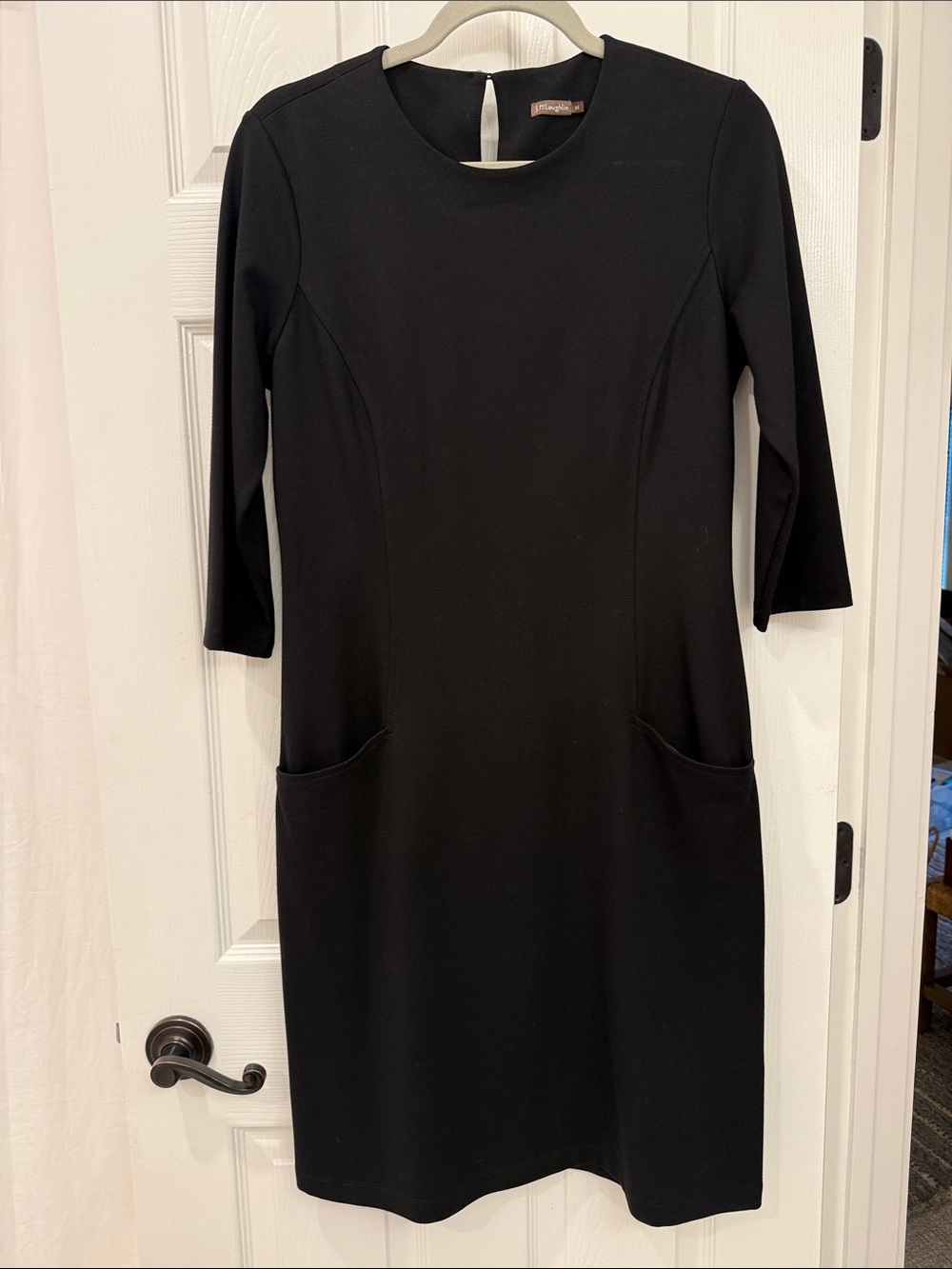 J. McLaughlin Classic Black Midi Dress with 3/4 Sleeves Front Pockets Size M